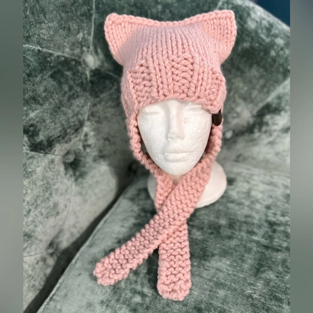 Handmade Hand Crafted Knit Ear Flap Cat Hat Adult Teen size Pink - Picture 3 of 10